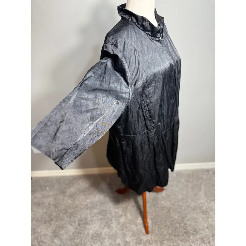 Eileen Fisher Woman black satin crinkle jacket lined snap up loose sleeve Sz XL